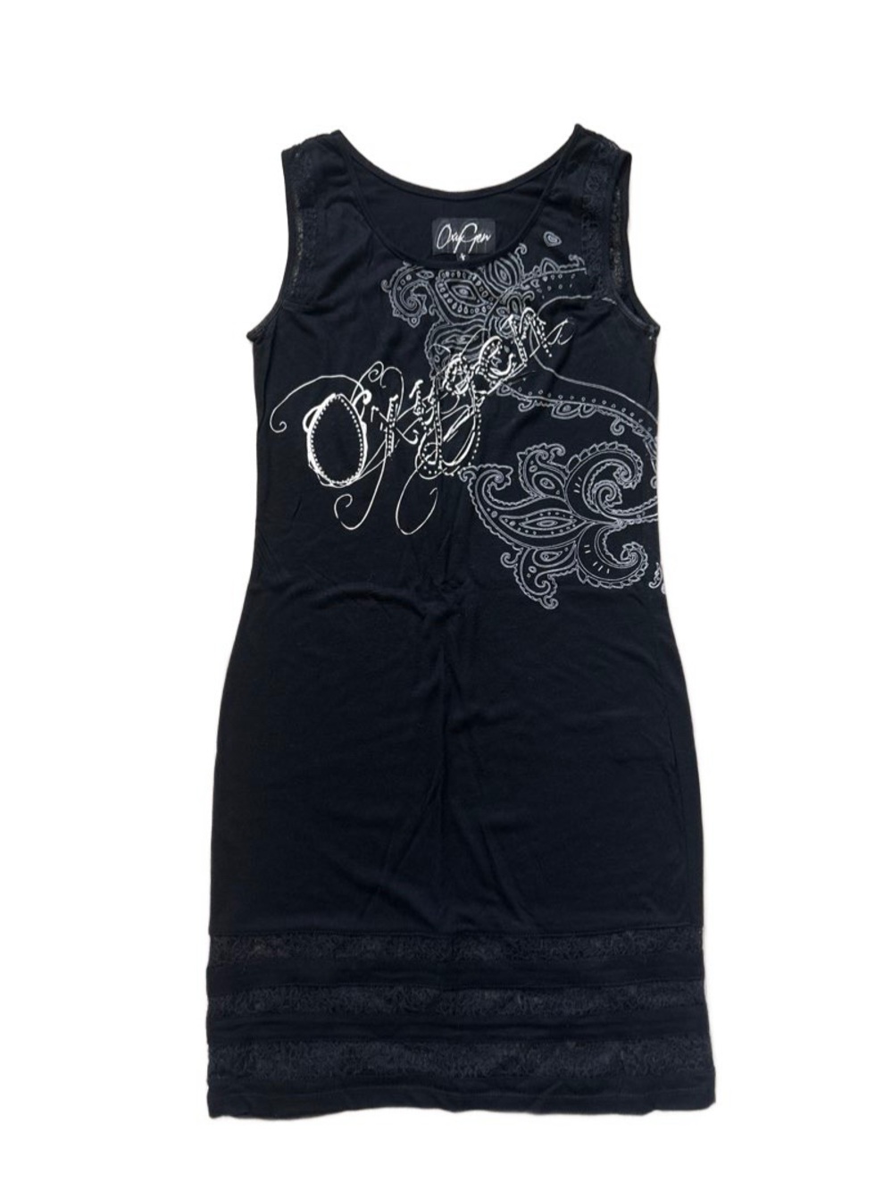 Black Sleeveless Printed Tank Dress with lace